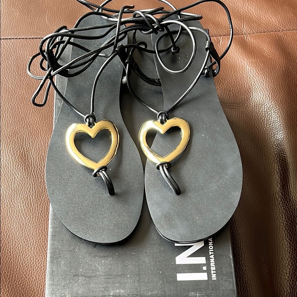 INC Black Sandals with Gold Heart Detail - Picture 2 of 2
